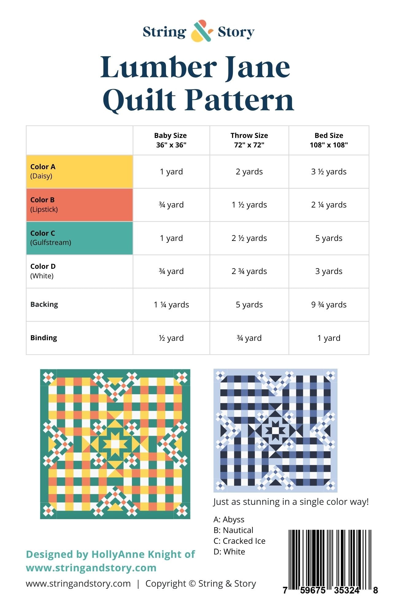 Lumber Jane Quilt - PAPER PATTERN by HollyAnne Knight for String & Story